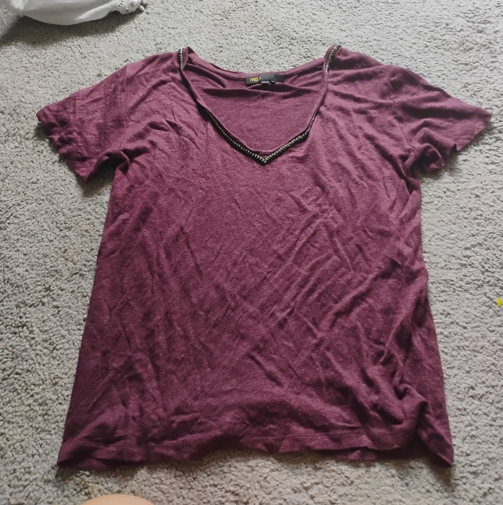 Maje Women's Purple Rhinestone Diamante Trim Tee Shirt Sz 1 Sz S